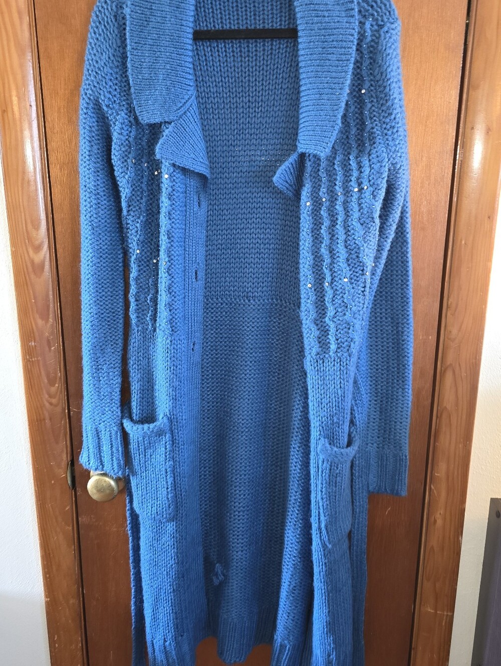 Lapis Teal-Blue Long Knit Open-Front Cardigan with Sequin Detail